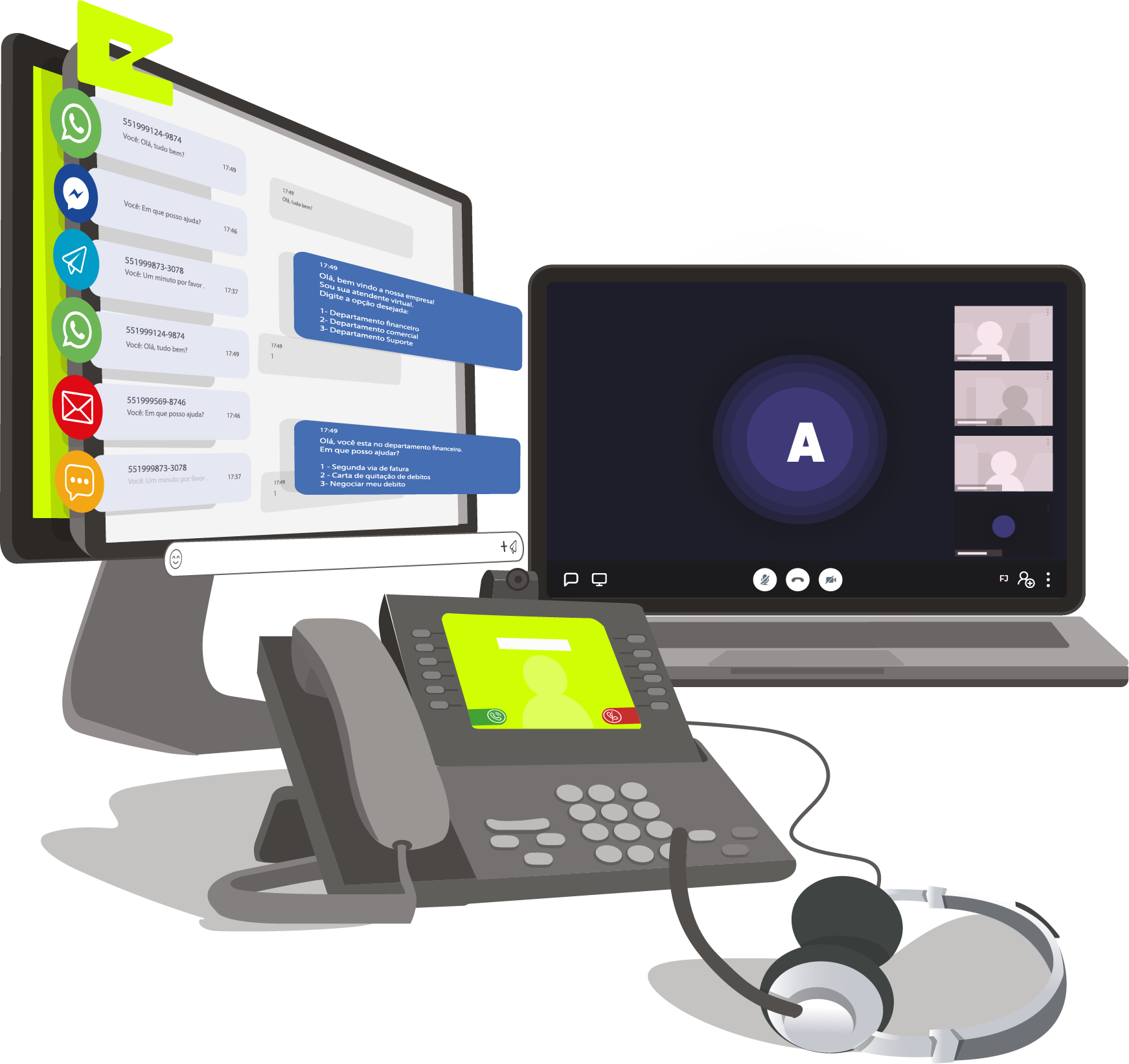 Plataforma ERA omnichannel com setup completo: desktop, laptop, telefone IP e headset mostrando integração de todos os canais