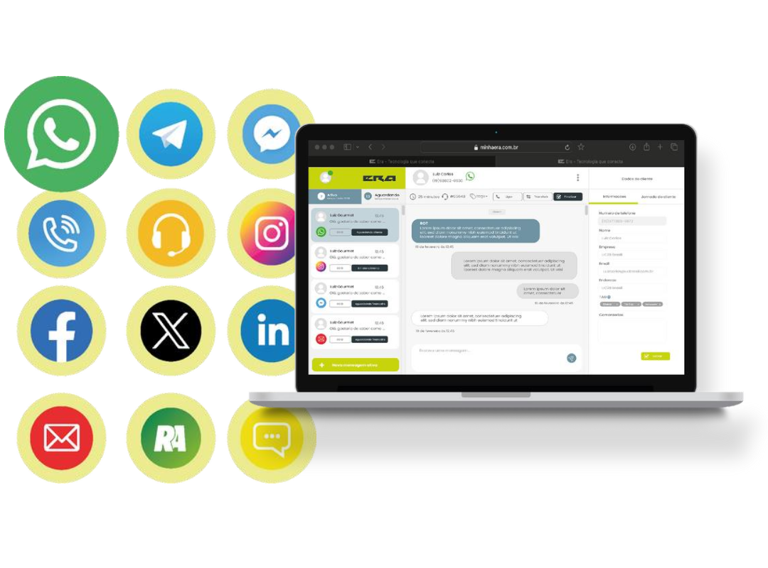 Plataforma ERA omnichannel com IA integrada mostrando unificação de WhatsApp, Instagram, Facebook, Telegram, e-mail e outros canais em uma única interface